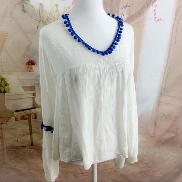 MIZA Pom Pom Peasant Sieanna Blouse - Picture 1 of 11